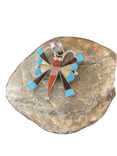 Zuni Turquoise Spiny Oyster Mother of Pearl Butterfly Necklace Pin Pendant | Inlay | Sterling Silver | 1367