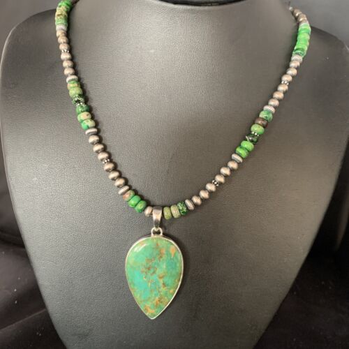 Navajo Pearl Green Turquoise Necklace Pendant | Sterling Silver | Authentic Native American Handmade | 13469