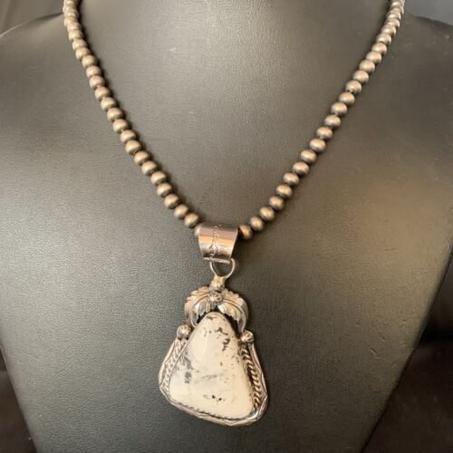 Men's Women's White Buffalo Turquoise Pendant | Sterling Silver Necklace | Authentic Native American Handmade | 14199