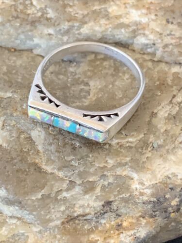 Southwestern Women's Navajo Blue Turquoise White Opal Inlay Ring | Sz 7 | 11151