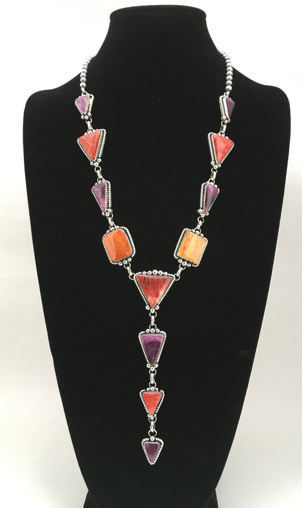 Navajo Spiny Oyster Pendant Necklace | Sterling Silver Lariat | Authentic Native American Handmade | 4904