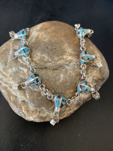 Navajo Blue Turquoise Lapis Inlay Link Bracelet | Sterling Silver | 7" | Authentic Native American Handmade | 12925