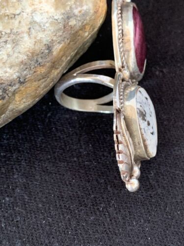 Navajo White Buffalo Turquoise & Spiny Oyster Multi-Stone Ring | Authentic Native American Sterling Silver | Sz 9 | 307