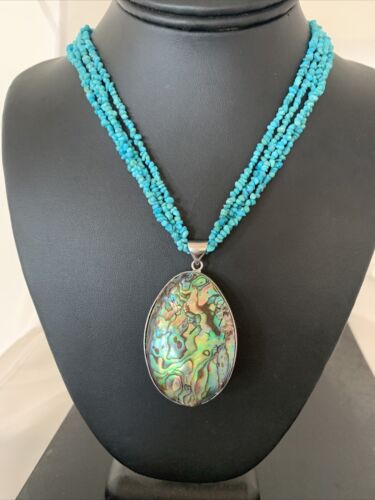 Navajo Sterling Blue Turquoise 4 Strand Necklace | Pava Shell Pendant | 19" Multi-Strand | Southwestern | 00890