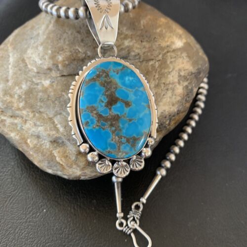 Navajo Pearls Blue Kingman Turquoise Necklace Pendant | Sterling Silver | Authentic Native American Handmade | 10765