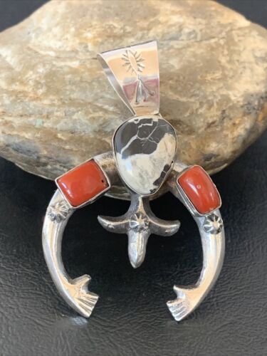 Navajo White Buffalo Turquoise Coral Naja Pendant | Sterling Silver | Authentic Native American Handmade | 11574 - Masha USA