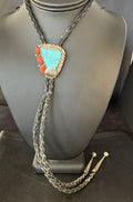 Ultra Rare Men's Bolo Tie | Blue Kingman Turquoise & Coral | Sterling Silver | Navajo | 13669