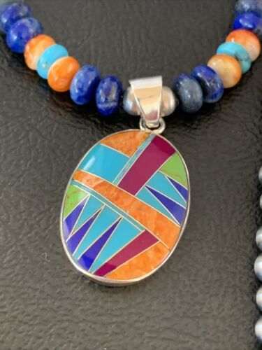 Navajo Multi-Color Spiny Turquoise Inlay Pendant | Sterling Silver | Authentic Native American Handmade | 10658