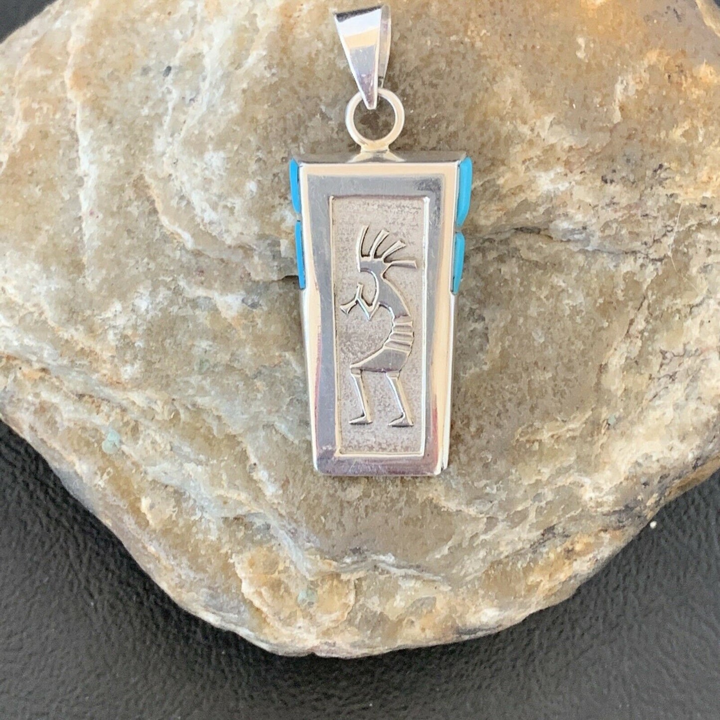 Navajo Kokopelli Stamp Turquoise Inlay Pendant | Sterling Silver | Authentic Native American Handmade | 10958 - Masha USA