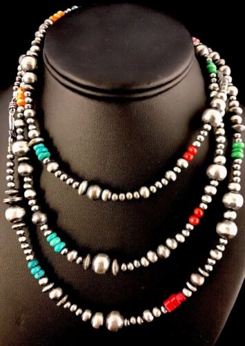 Navajo Pearls Turquoise Coral Bead Necklace | 51" Single Strand Sterling Silver | Southwestern Native American | 8112