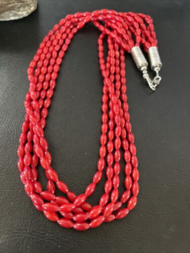 Navajo Red Coral 5-Strand Necklace | Sterling Silver Barrel Beads | 22" | Authentic Native American Handmade | 10438