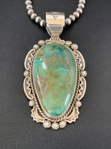 Navajo Green Royston Turquoise Pendant Necklace | Sterling Silver | Authentic Native American Handmade | 10238