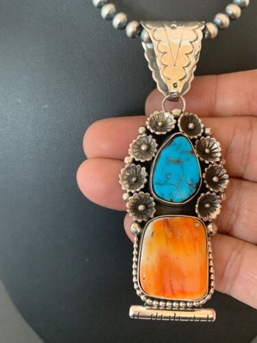 Navajo Kingman Turquoise & Spiny Oyster Pendant Necklace | Sterling Silver | Authentic Native American Handmade | 4575