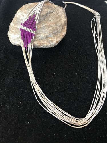 Native American Sugilite Heishi Tubes Necklace | 10 Strand Liquid Sterling Silver | 8561