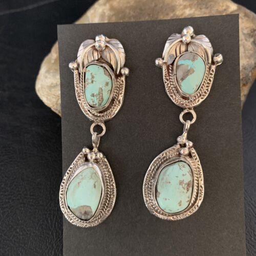 Navajo Blue Dry Creek Turquoise Post Dangle Earrings | Sterling Silver | Authentic Native American Handmade | 13816