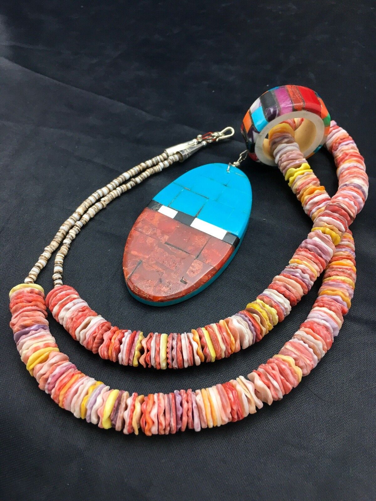 Authentic Native American Santo Domingo Multi-Color Spiny Sterling Silver Necklace with Inlay Pendant | 24" | 2915