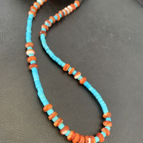 Navajo Sterling Silver Spiny Oyster Turquoise Necklace | 16" | Authentic Native American Handmade | 10692 - Masha USA