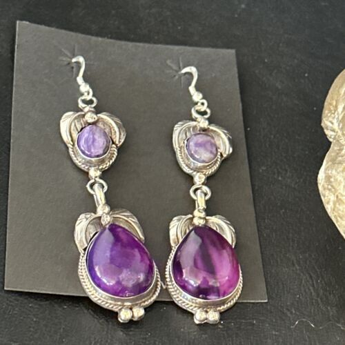 Navajo Purple Sugilite Dangle Earrings | Sterling Silver | 2" | Authentic Native American Handmade | 14401