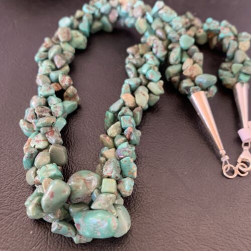 Navajo Green Turquoise Nugget Necklace | 3-Strand Braid | Sterling Silver Pearls | 20" | 11833