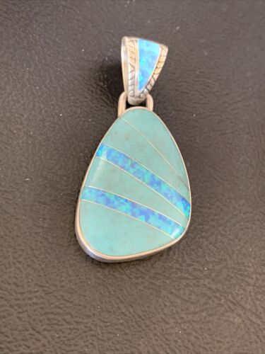 Men's Women's Navajo Blue Turquoise Opal Inlay Pendant | Sterling Silver | Native American Handmade | 12490