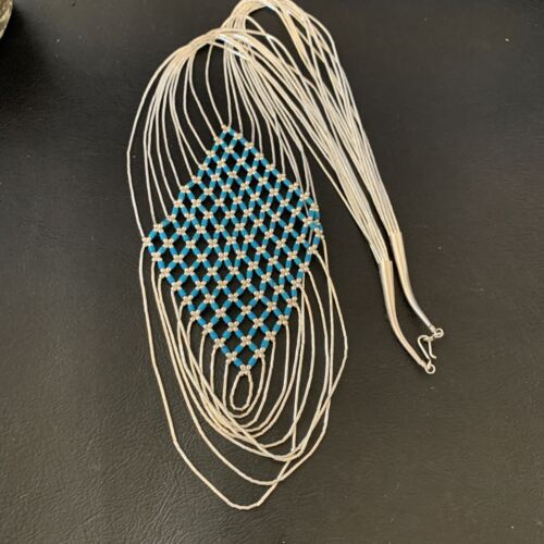 Turquoise Liquid Silver Heishi Necklace | 10 Strand Sterling Silver Tube | 19" | 12629
