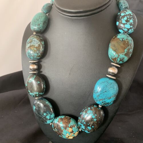 Chunky Navajo Pearl Graduated Turquoise Necklace | Sterling Silver | Authentic Native American Jewelry | 21" | 11903
