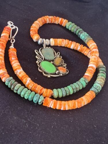Navajo Green Turquoise and Spiny Bead Necklace Pendant | Sterling Silver | Authentic Native American Handmade | 573