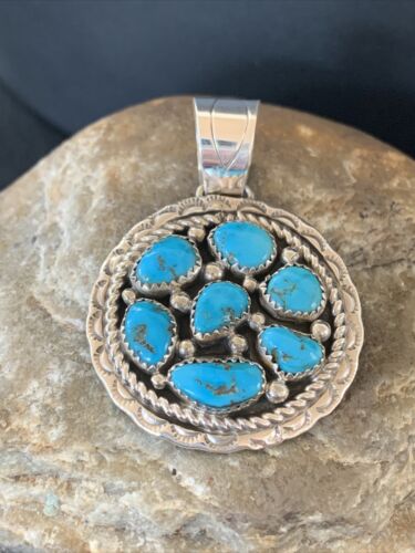 Navajo Blue Kingman Turquoise Cluster Pendant | Authentic Native American Sterling Silver | Multi-Stone | 2" | 02094