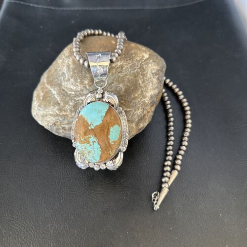 Navajo Pearls Sterling Silver Necklace Pendant | Blue Turquoise #8 | Authentic Native American Handmade | 14808