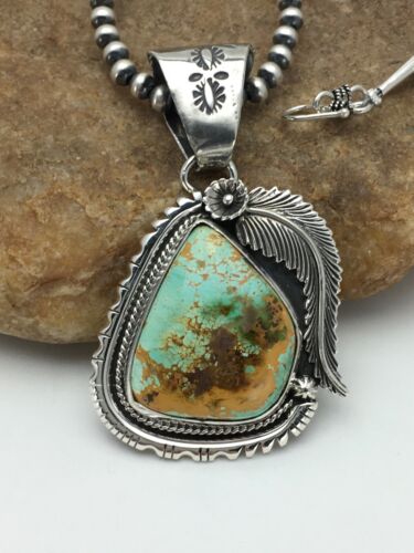 Navajo Pearls Sterling Silver Royston Turquoise Necklace Pendant Set | 2.75" | Authentic Native American Handmade | 2880