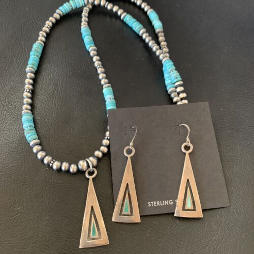 Navajo Blue Turquoise Pendant Earrings Set | Authentic Native American Sterling Silver Necklace | Handmade | 12618 - Masha USA