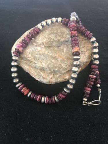 Navajo Purple Spiny Oyster & Turquoise Necklace | Sterling Silver | Authentic Native American | Single Strand | 20" | 11747