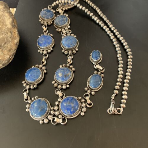 Navajo Lapis Lazuli Lariat Necklace | Sterling Silver | 30" | Authentic Native American Handmade | 11486