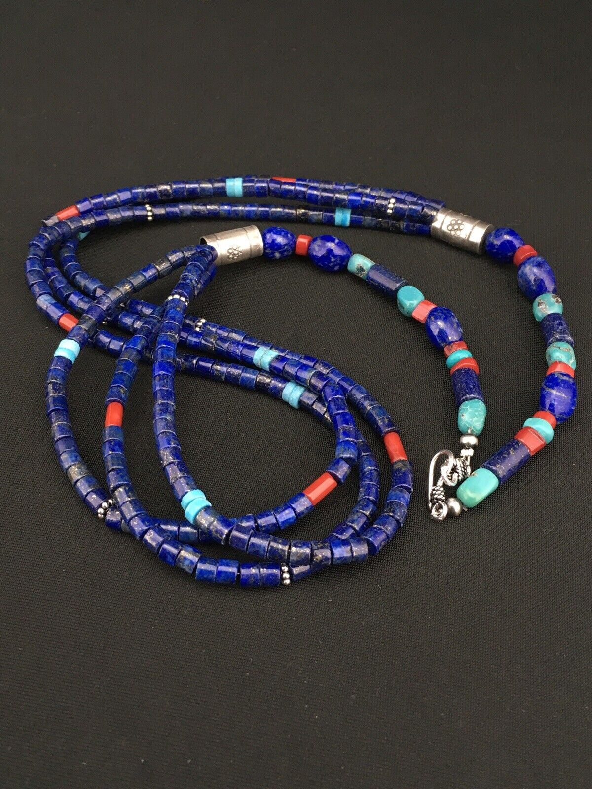 Southwestern Navajo Lapis Turquoise Necklace | 3-Strand | Sterling Silver | 24" | 1332