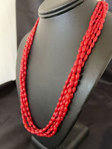 Navajo Red Coral 5-Strand Necklace | Sterling Silver Barrel Beads | 22" | Authentic Native American Handmade | 10438