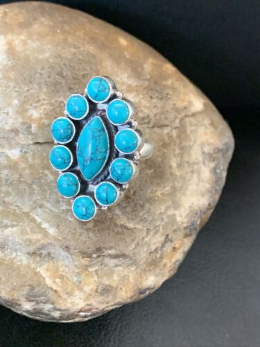 Navajo Blue Cluster Turquoise Ring | Authentic Native American Sterling Silver | Multi-Stone | Sz 6 | 12304