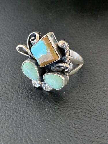 Navajo Men's Sterling Silver Ring | Blue Turquoise #8 Multi-Stone | Sz 10 | Native American Handmade | 2167