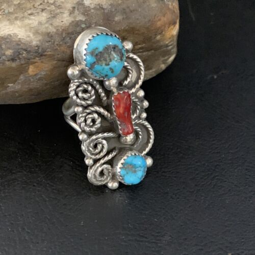 Navajo Kingman Turquoise Coral Ring | Authentic Native American Sterling Silver | Multi-Stone | Sz 8 | 14129