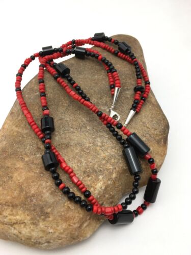 Southwestern Red Coral & Onyx 2-Strand Necklace | Navajo Sterling Silver | Authentic Native American Handmade | 4523