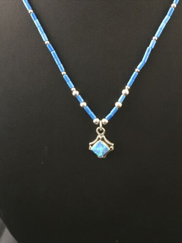 Children's Lapis Heishi Bead Necklace with Opal Pendant | Sterling Silver | 17" | 10126