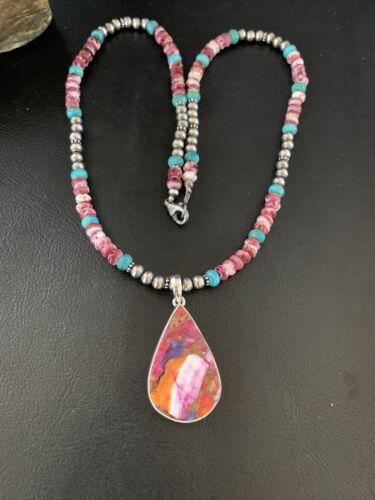 Navajo Pearls Necklace with Turquoise & Purple Spiny Oyster Pendant | Sterling Silver | 13293