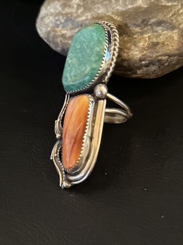 Navajo Turquoise Spiny Oyster Multi-Stone Ring | Authentic Native American Sterling Silver | Multi-Stone | Sz 8 | 14494