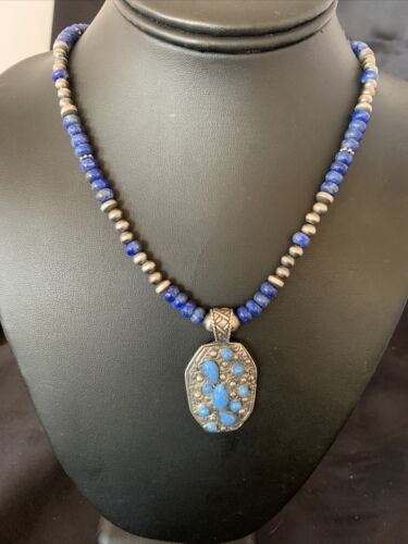 Navajo Sterling Silver Blue Denim Lapis Necklace Pendant | Multi-Stone | Authentic Native American Handmade | 12262