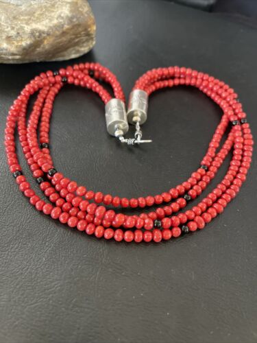 Native American Navajo Red Coral Onyx Necklace | Sterling Silver | 10302