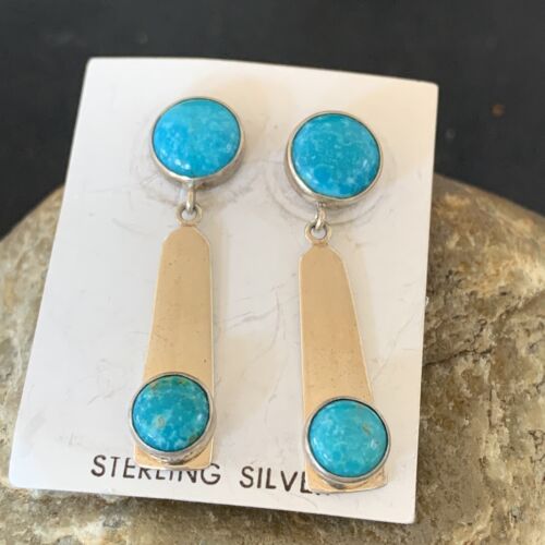Handmade Navajo Kingman Turquoise Dangle Earrings | Sterling Silver | Authentic Native American | 2044