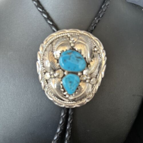 Native American Men's Bolo Tie | Blue Kingman Turquoise | Sterling Silver | Navajo Handmade | 14279
