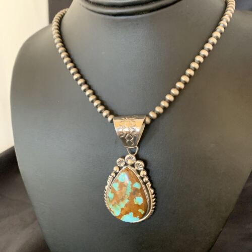 Navajo Pearls Necklace with Blue Royston Turquoise Pendant | Sterling Silver | Native American Handmade | 10764