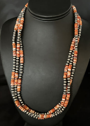 Navajo Pearls Necklace | Sterling Silver | Orange Spiny Oyster | 3-Strand | 22" | 14675