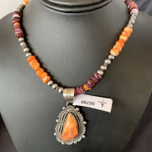 Navajo Sterling Silver Necklace | Orange Purple Spiny Oyster Pendant | 00780