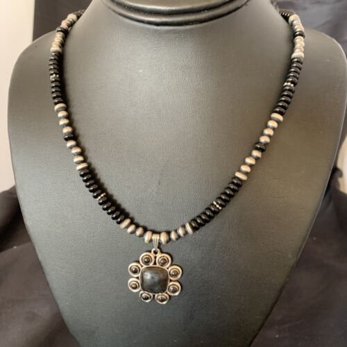 Navajo Pearl Necklace Pendant | Authentic Native American Sterling Silver Black Onyx | Multi-Stone | 22" | 12270